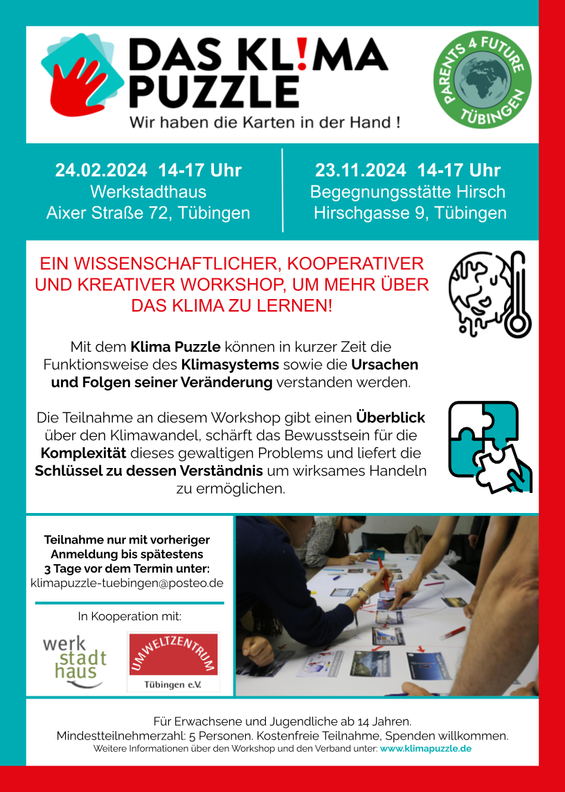 Flyer zum Klima-Puzzle-Workshop am 23. November 2024 in der Begegnungsstätte Hirsch
