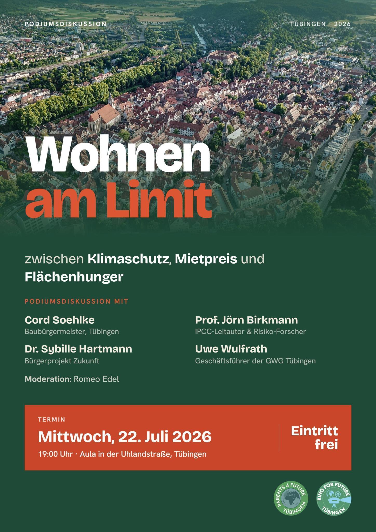 Wohnen am Limit &ndash; Podiumsdiskussion am 22. Juli 2026, 19 Uhr, Aula in der Uhlandstra&szlig;e T&uuml;bingen